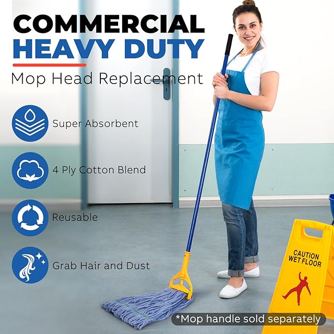 Onesimus 16 oz Mop Head Replacement, Industrial Mops for Floor Cleaning Heavy Duty 4-Ply Cotton Blend Looped End Wet Mop Refills 1.25 in Universal Headband, Medium Blue, Case Pack 12 Pcs