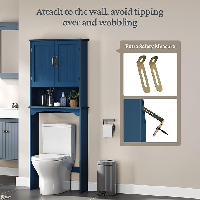 Yaheetech Over The Toilet Storage with 2 Doors & Adjustable Shelf, Free Standing Toilet Rack Wooden Space-Saving Collect Cabinet, Bathroom Furniture, L24.5xW9xH66 in, Navy Blue