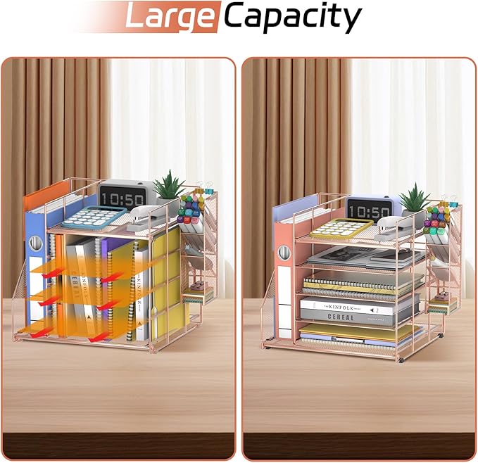 Rose Gold Desk Accessories, 5-Tier Desk Organizer with Magazine Holder, Paper Organizer with Pen Holder for Home, Office or School Supplies