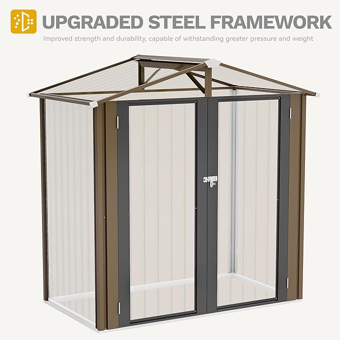 DWVO 6x4ft Tool Storage Shed, Lockable Doors, and Sloped Roof, Steel Outdoor Storage Shed for Garden, Patio, Garage, Backyard, Lawn - Brown
