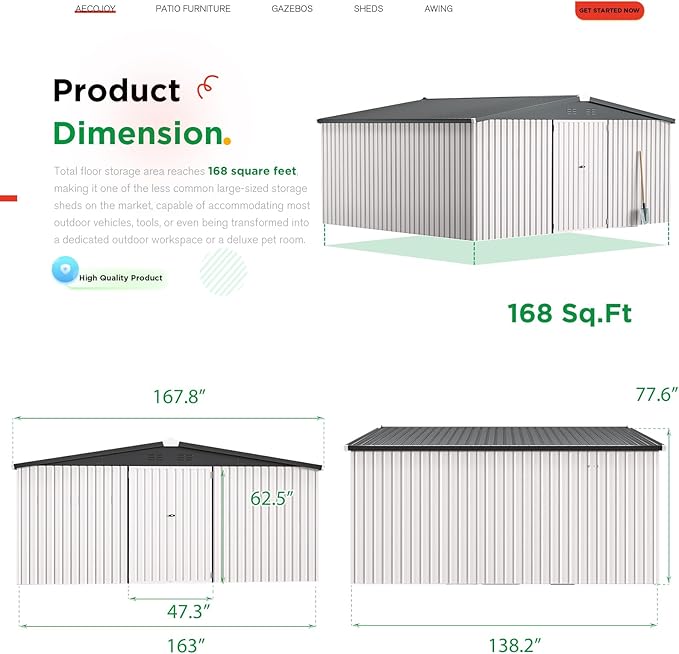 AECOJOY 12' x 14' Outdoor Storage Shed, Large 14x12 Metal Sheds & Outdoor Storage Clearance Steel Yard Shed with Lockable Doors, Utility Tool Storage Garden Shed for Backyard, Patio and Outside use