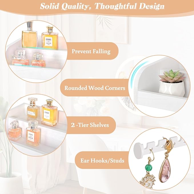 Keebofly Wall Mounted Jewelry Organizer 7-in-1 with Large Stepped Rustic Whitewood Shelves - Iron Jewelry Holder for Earring, Necklace, Bracelet Storage + Makeup/Perfume/Nail Polish Display