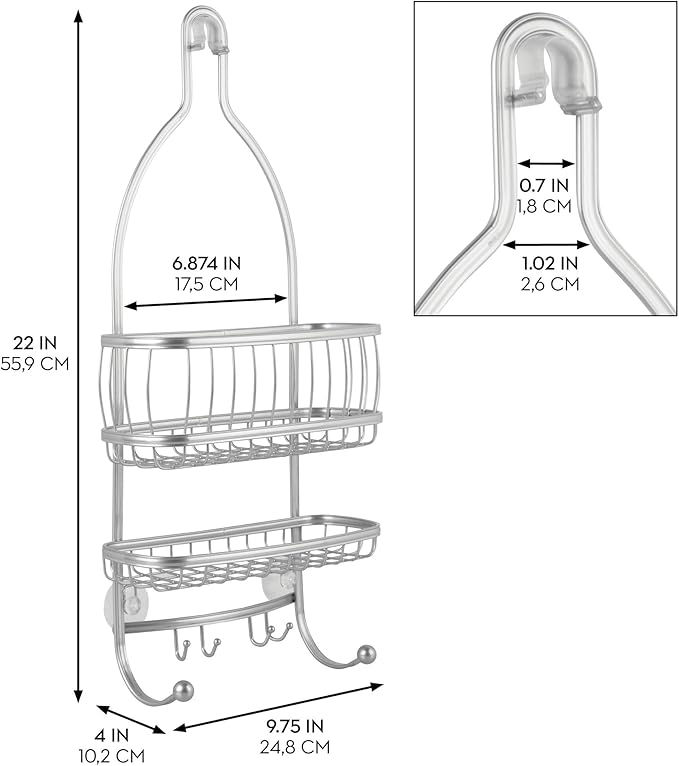iDesign York Metal Wire Hanging Shower Caddy, Extra Wide Space for Shampoo, Conditioner, and Soap with Hooks for Razors, Towels, and More, 9.75" x 4" x 22", Satin Silver