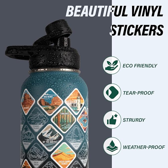 National Parks Water Bottle – 32 oz Insulated Stainless Steel Bottle with 63 Hand-Drawn Park Stickers, Carrier Bag, Strap & Gift Box – BPA-Free – Ideal for Hiking, Camping & Travel