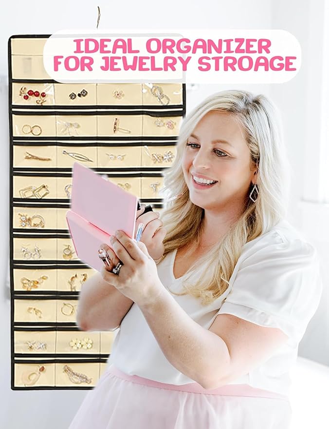Hanging Jewelry Organizer: Necklace & Earring Holder with Pockets for Closet, Wall or Door (Grey)