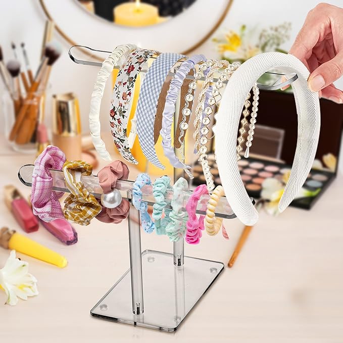 ZEAYEA 2 Pack Acrylic Headband Holder, 2-Tier Clear Hair Hoop Display Stand, Hair Ropes Accessories Storage Organizer Stand for Women and Girls