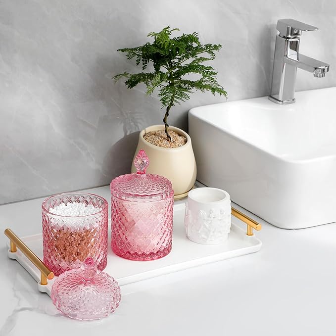 rejomiik Qtip Holder Glass Apothecary Jars with Lid for Bathroom Canisters Dispenser Decor, Storage Organizer for Cotton Swabs, Balls, Pads, Floss Picks, Candy, Pink