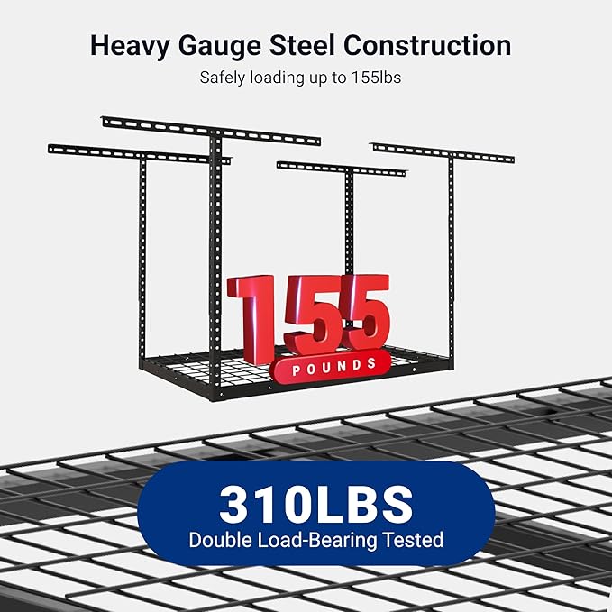 FLEXIMOUNTS 2x3 Overhead Garage Storage Rack, Adjustable Organization System, Heavy-Duty Metal Ceiling Racks, 155lbs Weight Capacity, Black, Classic Series