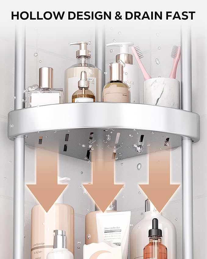 Nieifi Corner Shower Caddy Stand-3 Tier Rustproof Anodized Aluminum Standing Shower Organizer-Shower Caddy Corner-Dual Stability to Anti-Shaking-Height-Adjustable Legs for Uneven Surfaces-Silver