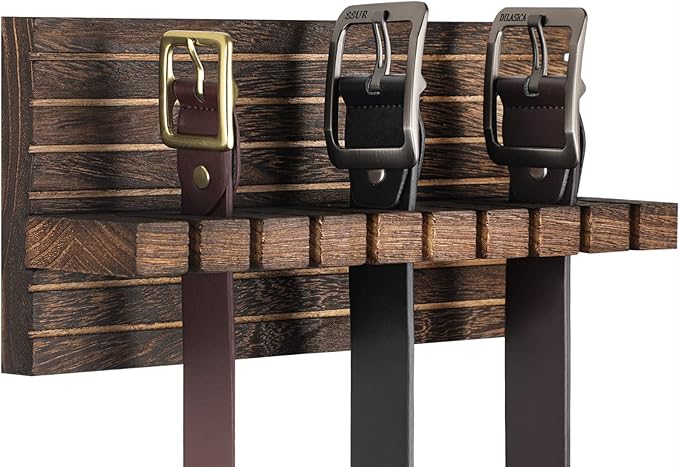 Belt Organizer for Closet, Belt Hanger Wall Mounts to Hold 9 Belts Without Slipping, Space Saving Belt Rack for Closet Organization Includes Mounting Hardware (11.8” x 5.5” x 2.5”) (Brown)