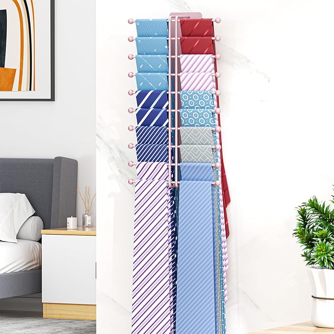 Tie Rack Wall Mounted, Tie Organizer for Men, Tie Rack Hanger for Closet Metal, Adhesive Tie Holder Organizer with 20 Hooks, Tie Storage for Wall Bedroom Living Room Dresser Room (Rose Gold)