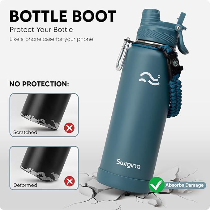 [2-IN-1 LID] Insulated Water Bottle with Silicone Boot (36hrs Cold/18hrs Hot) - DIY Stickers, Leakproof, BPA Free, 40 oz
