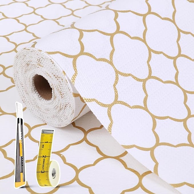Shelf Drawer Liners for Kitchen Cabinets 11.8 x 236.2 Inches Non Adhesive Drawer Liner Thickened Refrigerator Liner Gold Quatrefoil Strong Non-Slip Paper for Tool Box with Knife and Tape Measure