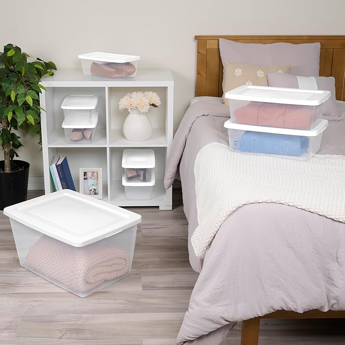 Sterilite 24 Pack Storage Box, 20 Quart Stackable Tote, Clear Plastic Container with Secure Snapping Lids for Home and Office Organization, White