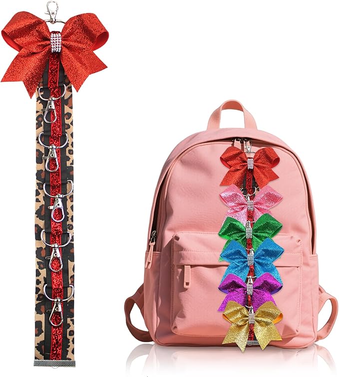 ALIBBON Cheer Bow Holder Glitter Red Leopard Print Hair Bow Holder Cheer Keychain for Cheerleading Backpack Bag Cheerleader Gifts Sports Cheerleading Bows Storage Hanging Ribbon Chain with 5 Clasps