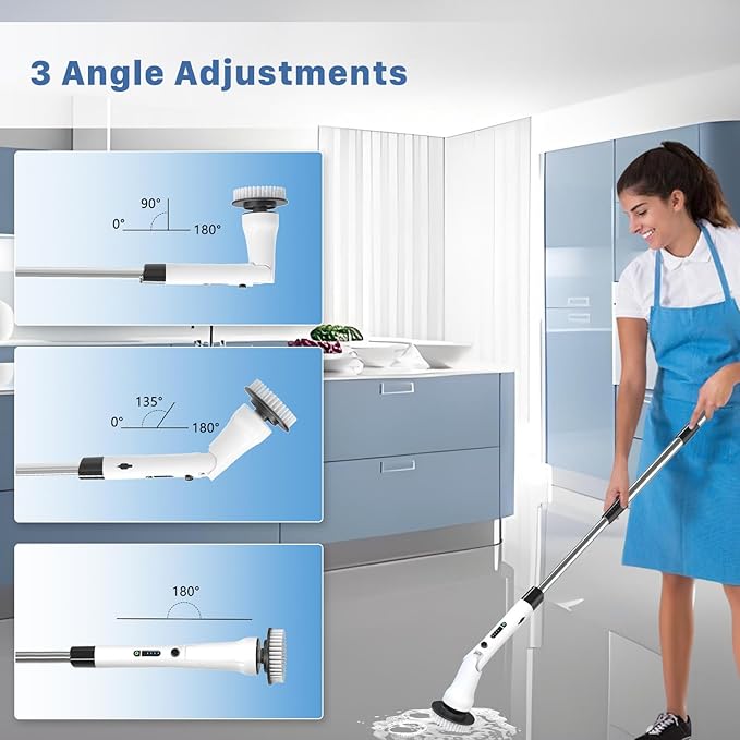 Electric Spin Scrubber, Hillyfe Bathroom Scrubber Electric with 7 Replaceable Brush Heads, IPX7 Waterproof,300/400 RPM, 3 Adjustable Length,Scrubber Brush Electric for Bathtub Floor,White