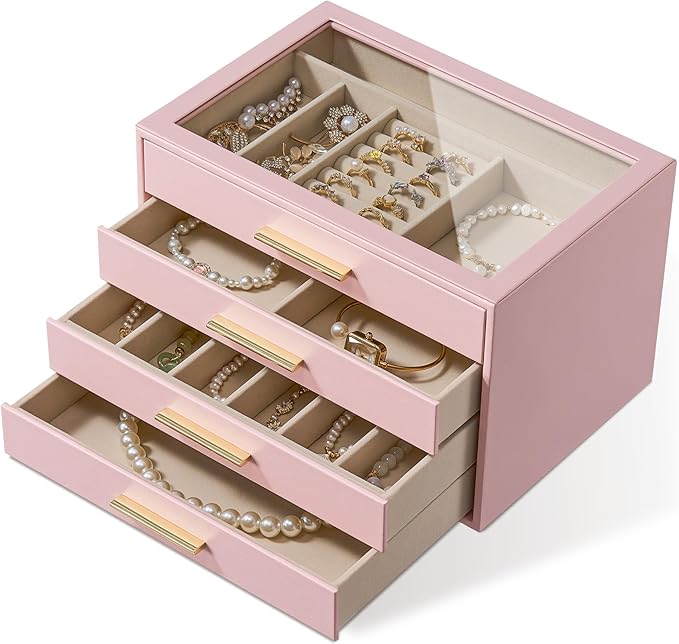pickpiff Jewelry Box Organizer Case for Women: 4-Layer Jewelry Storage Case with Glass Window, Pink Leather with Velvet Holder for Ring Necklace Bracelet Brooch Watch, Great Gift for Her