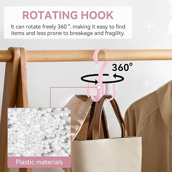 2PCS Rotating Handbag Hanger, 360 Degree Rotating Closet Organizers with 4 Claws, Scarf Tie Rack Hooks for Belts 4 Colors, Multifunctional Closet Handbag Hook Scarf Hanging Rack for Bedroom(Pink)