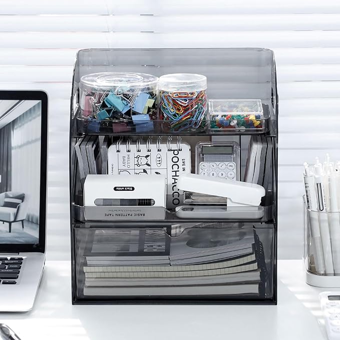 FABROK 3-Layer Desk Organizer with Drawer, Clear Office Supplies and Desk Accessories Organizer with Handle, Desktop Organizer and Storage for Stationery（Gray）