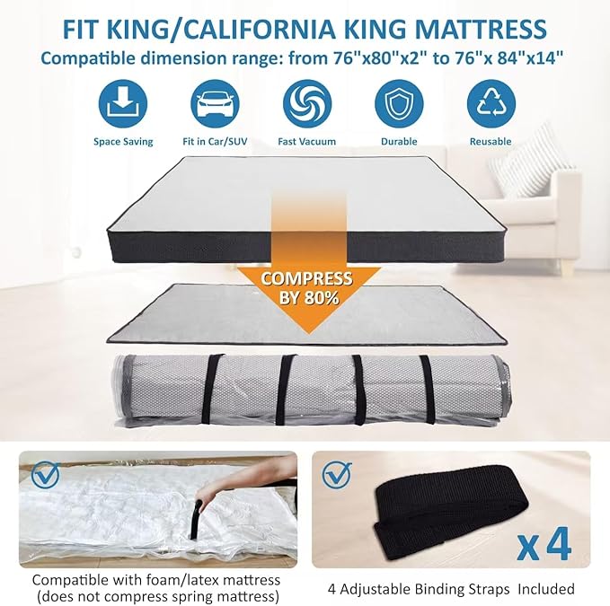 Storage Logic King/Cal-King Foam Mattress Vacuum Bag for Moving, Storage, Vacuum Seal Mattress Bag with Straps