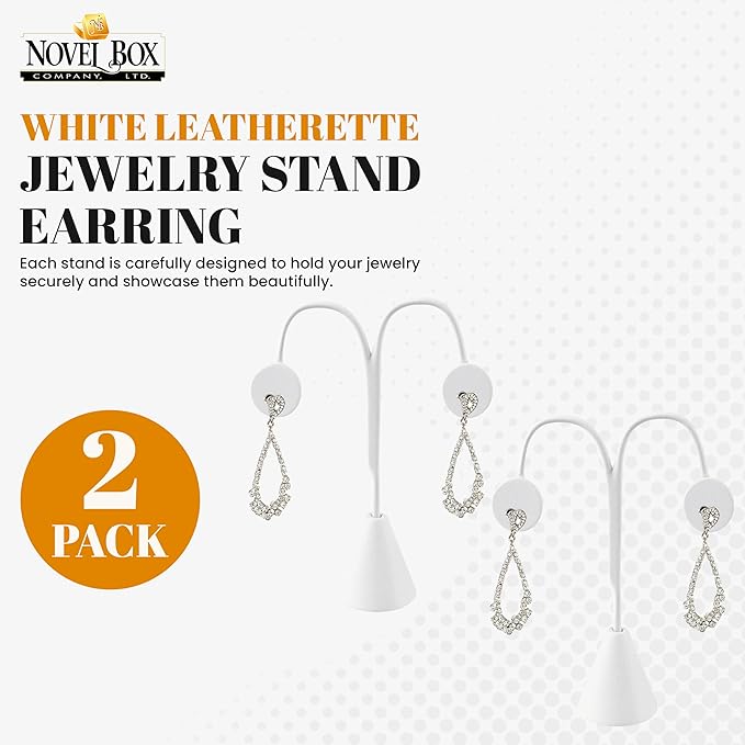 Novel Box 2 Pack White Leatherette Earrings Display Stands 3 3/4 x 4 3/4 Inches - Jewelry Stand Earring Organizer for Women - Elegant Earrings Stands for Craft Shows, Selling & Personal Use
