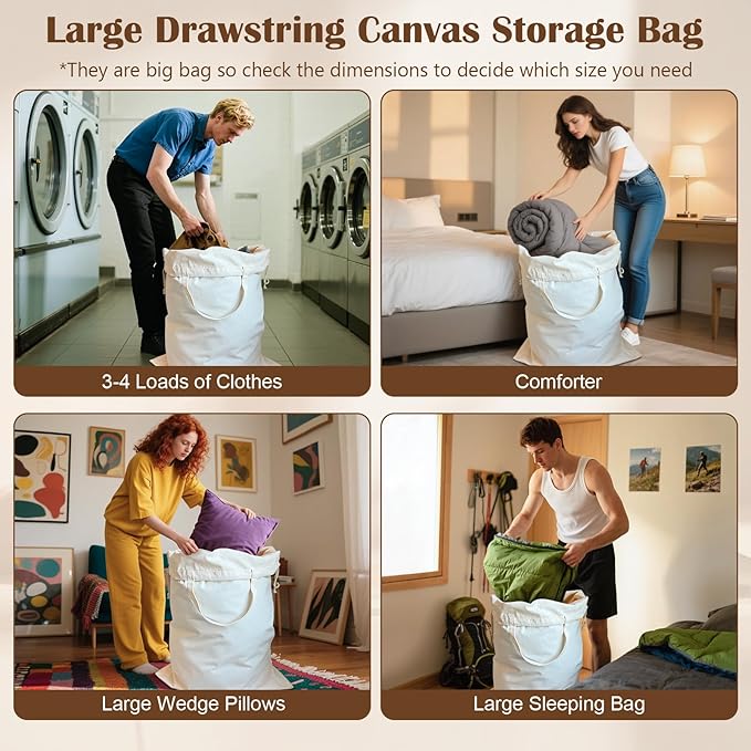 Canvas Laundry Bag 33"Wx 35"H, Thick Canvas Laundry Bag with Handles & Drawstring, Extra Large Heavy Duty Washable Basket Liner Hamper Liner Storage Sack (Beige XL, 1 Pack)