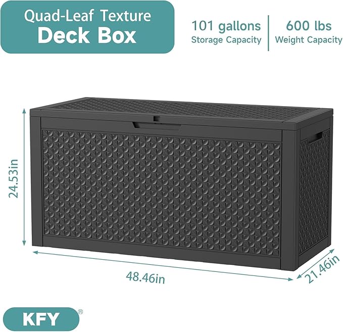 101 Gallon Waterproof Outdoor Storage Box, UV Resistant Resin Deck Box with Hydraulic Rod for Reinforced Stability, Perfect for Patio, Garden, and Pool（Black，101 Gallon）