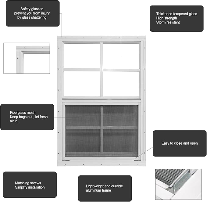 Yuzzy 18" x 27" Shed Windows with Tempered Glass and Fiberglass Screen, 2 Pack Small Sliding Windows for Shed, Chicken Coop, Playhouse, Household, Garage, Barns (White)