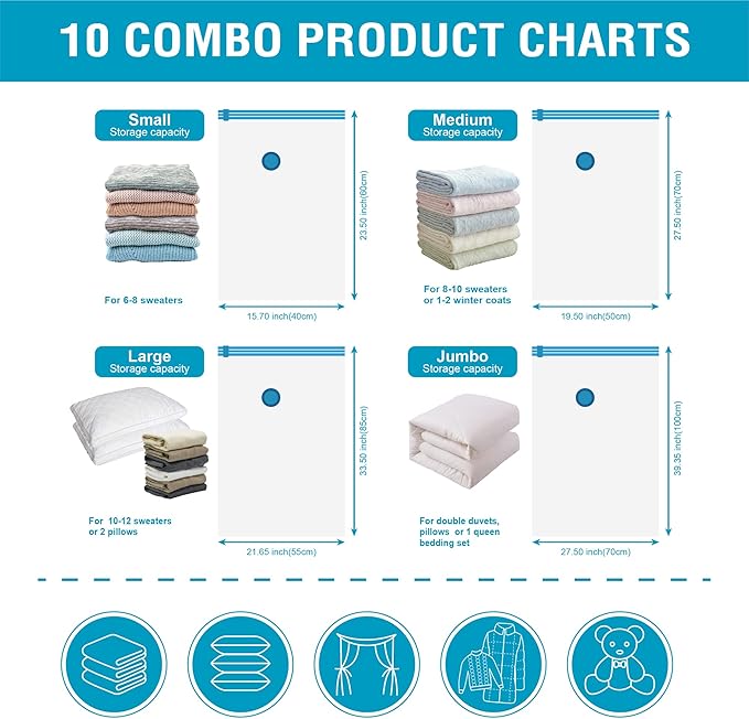 Cozy Essential 10 Pack Vacuum Storage Bags, Space Saver Bags (2J/2L/3M/3S) Compression Storage Bags for Comforters and Blankets, Pillow, Bedding, Vacuum Sealer Bags for Clothes Storage