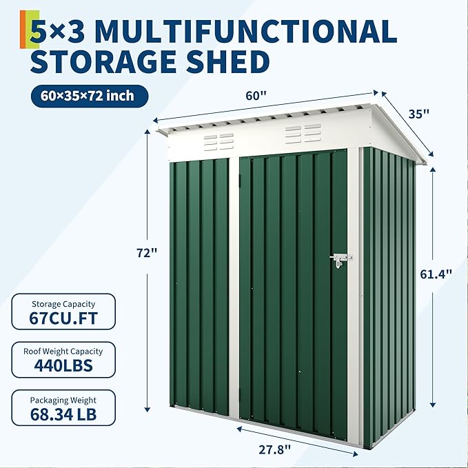 5x3FT Shed & Outdoor,Storage Shed with Lockable Door,Anti-Corrosion Storage House with Sloping Roof for Backyard Outdoor Patio(Green)
