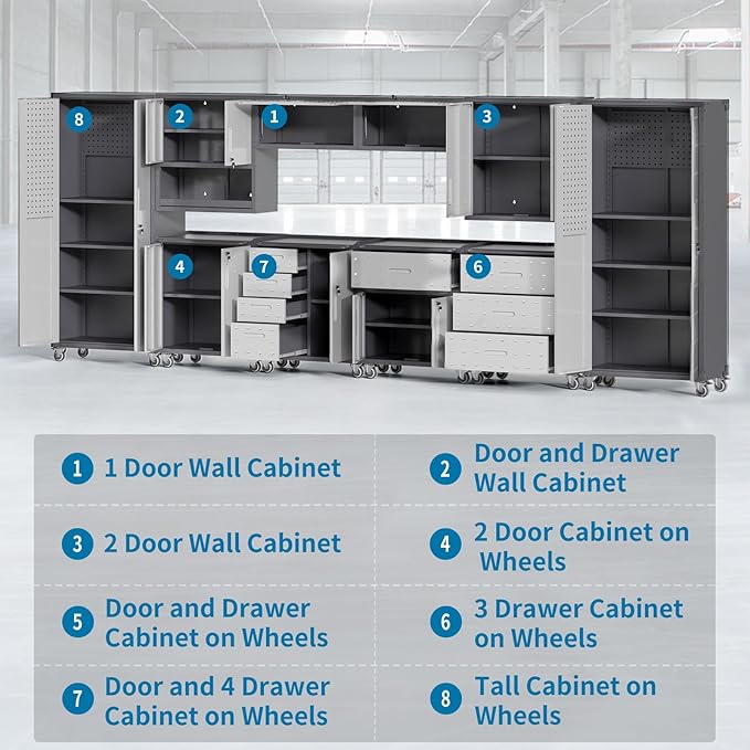 Garage Storage Cabinets System 10 PCS Workshop Set with Drawers Locking Heavy Duty Rolling Cart with Adjustable Shelves Garage Tool Workbench Cabinets (10 PCS)