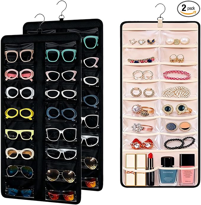 LAKSMI 2 PCS Hanging Sunglasses Organizer & Jewelry Storage, 32 Dust-Proof Pockets for Multiple Sunglasses and Accessories
