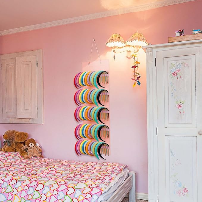 Tudomro Hanging Headband Holder for Girls Felt Hair Accessories Organizer with 60 Elastic Bands Bow Hanger for Girls Hair Bows Without Headbands(Plain Style,Pink)