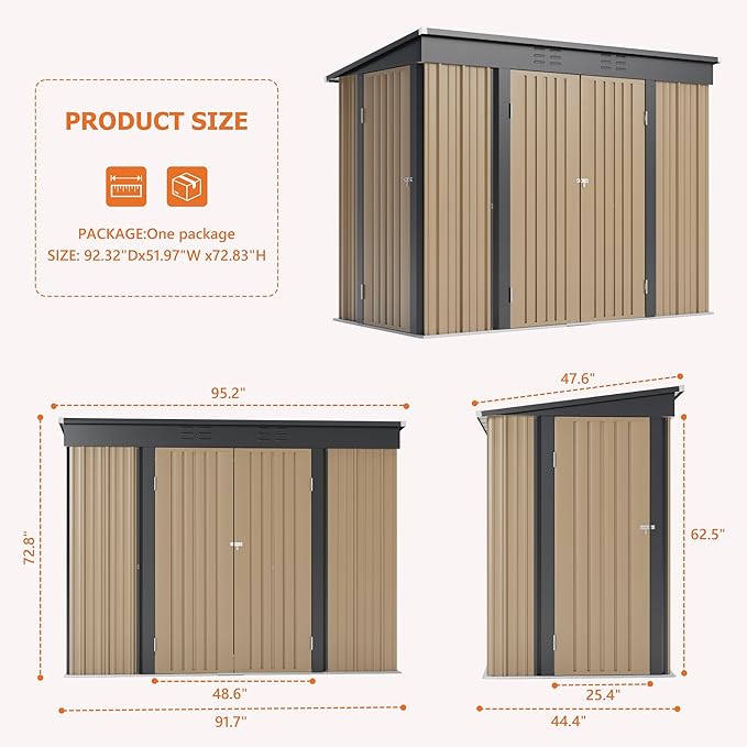 JUMMICO 8x4 FT Outdoor Storage Shed, Heavy Duty Tool Metal Sheds with 3 Lockable Doors and Updated Frame Structure for Backyard Patio Lawn, Brown