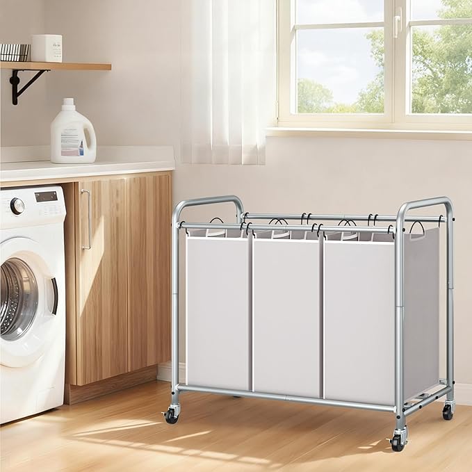 STORAGE MANIAC 3 Section Laundry Sorter, 35.6 Gal (135 L) Laundry Hamper Cart with Heavy Duty Rolling Lockable Wheels and Removable Bags, Clothes Organizer Basket Clothes Separator Hamper, Gray