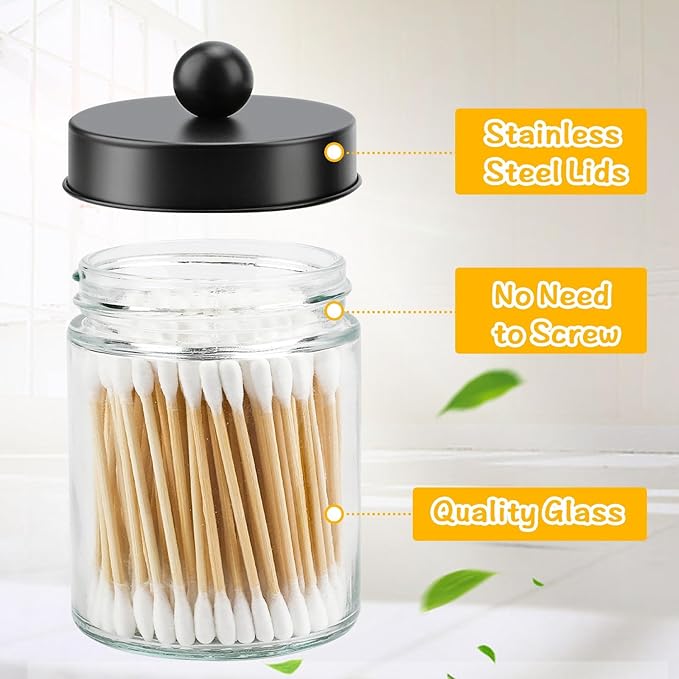 2 Pack Glass Apothecary Jars with Lids for Bathroom, Cute Qtip Holder, Black Bathroom Accessories Set, Small Bathroom Canisters with Lids for Q-Tips, Cotton Swabs, Black Bathhouses Decor