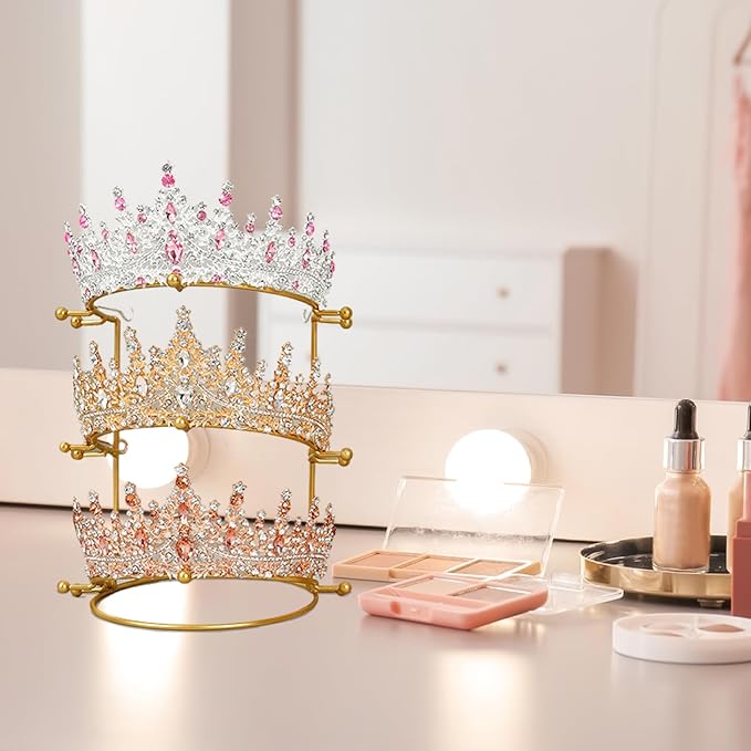 3-Tiers Tiara Holder, Bridal Crown Display Stand, Metal Headband Storage Organizer, 6.9x7.7 Jewelry Holder Organizer for Girl Women Gifts Headband Holder, 3 Layer