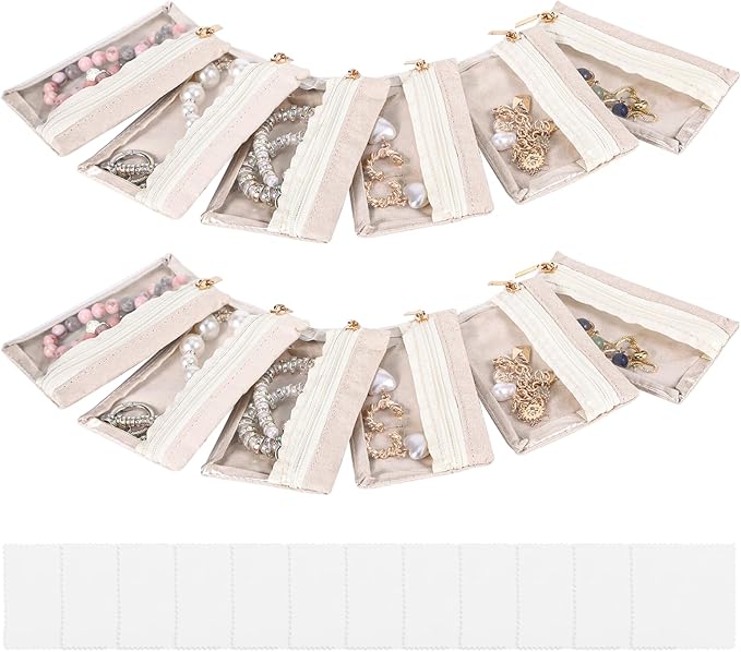 12PCS Travel Jewelry Bags for Women, Portable Jewelry Storage Bag Travel for Women, Velvet Zipper Pockets Storage Box Organizer Pouches Case Gifts for Rings, Earrings, Necklace