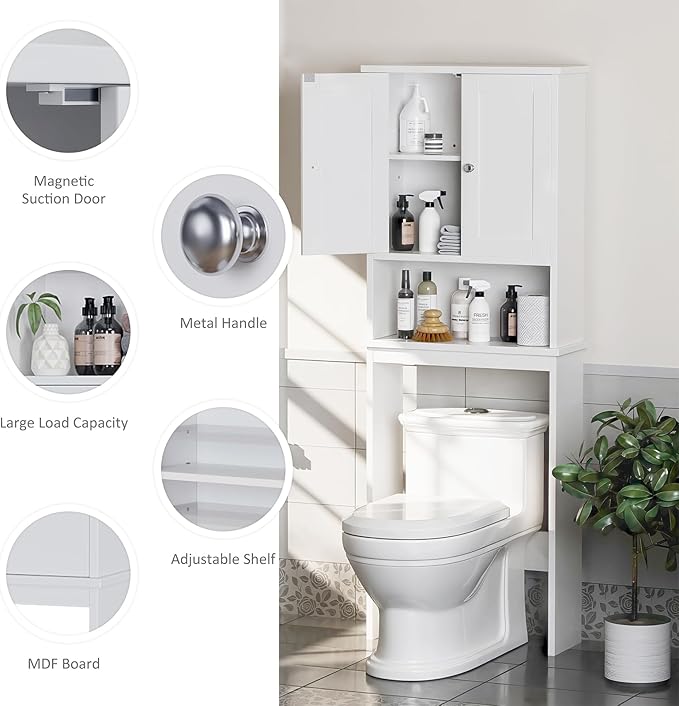 Meilocar Over The Toilet Storage Cabinet, Bathroom Storage Cabinet White Organizer Over Toilet, Bathroom Space Saver with Adjustable Shelf, White