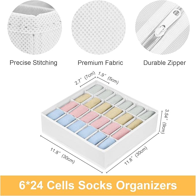 Joyoldelf Sock Organizer Drawer Organizer - Underwear Organizer, 24 Cell Collapsible Closet Organizers and Storage Sock Holders Organizers for Storing Socks, Ties, Belts 6 Pack White