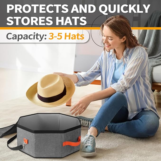 Hat Storage Box for Women & Men, Hardboard Support Cowboy Hat Boxes with 1 Door Hook Hat Organizer for Travel(Grey)