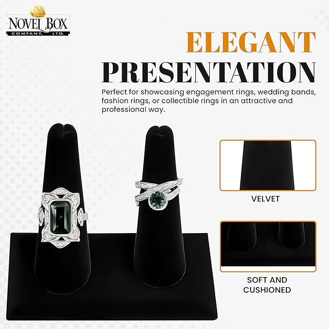 Novel Box 2 Pack Black Velvet Jewelry Double Ring Finger Display Stand 3 5/8 L x 2 1/8 D x2 1/4 H Inches with Square Base - Ring Holder Stand for Selling or Personal Use - Display Stand for Rings