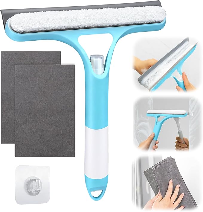XANGNIER Window Cleaner Tool Kit,2025 3 in 1 Window Cleaning Scraper with Spray,Thickened Magic Cleaning Cloth,Window Scrubber Cleaning Squeegee for Glass,Mirror,Shower Doors,Car Windshields(Blue)