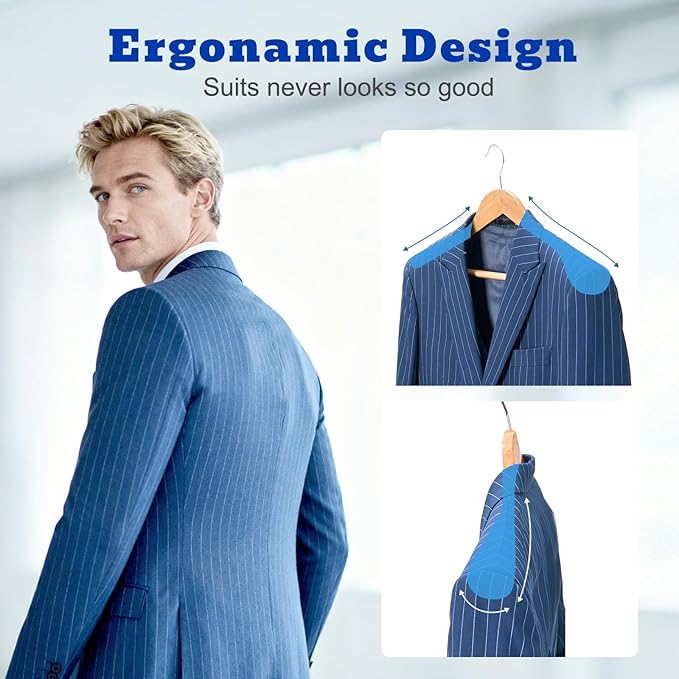 HOUSE DAY Wide Shoulder Wooden Hangers, Suit Hangers with Non Slip Pants Bar, Smooth Finish 360° Swivel Hook High-Grade Solid Wood Coat Hangers for Dress, Jacket, Heavy Clothes Hanger 6 Pack (Natural)