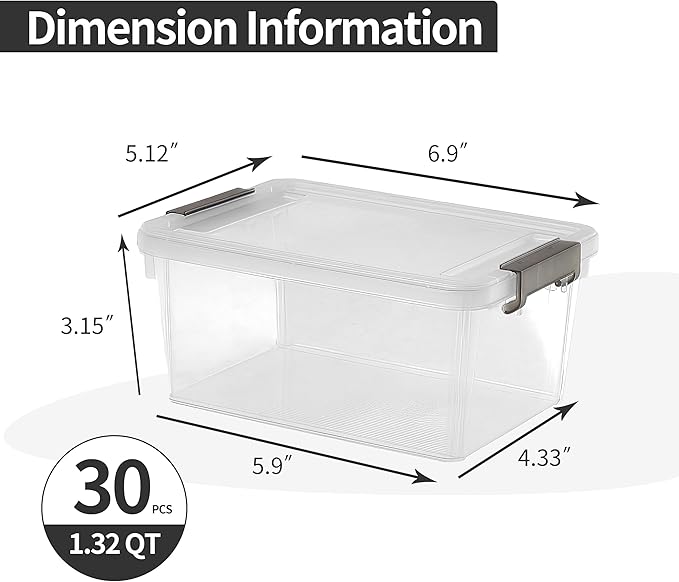 Citylife 1.3 QT 30 Packs Small Storage Bins Plastic Storage Container Stackable Box with Lids for Organizing, Clear White