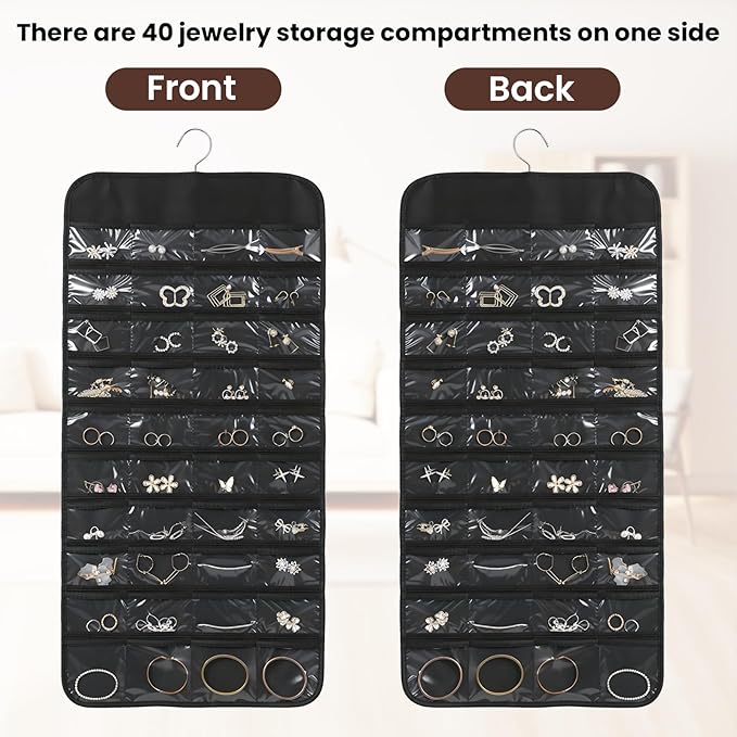 Black Hanging Jewelry Organizer, 80 Clear Pockets Double-Sided Jewelry Holder, Wall Door Closet Hanging Storage for Earrings Necklaces Rings, Suitable Gift for Women