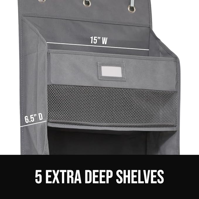 GORILLA GRIP Over The Door Organizer Storage, 5 Deep Hanging Shelves, Holds 50lbs, Closet Organizers Shelf for Bedroom, Bathroom, Nursery, Dorm Essentials, 3 Metal Hooks, 58x15 Inches, Gray