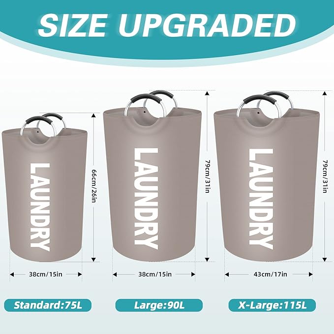 StorageRight 75L Large Laundry Basket, Laundry Hamper, Dirty Clothes Hamper for Laundry, Collapsible, Waterproof Laundry Baskets with Foam Protected Aluminum Handles for Laundry, Dorm, Family (Khaki)