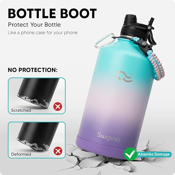 [2-IN-1 LID] Gallon Insulated Water Bottle with Silicone Boot (48hrs Cold/24hrs Hot) - DIY Stickers, Leakproof, BPA Free, 128 oz
