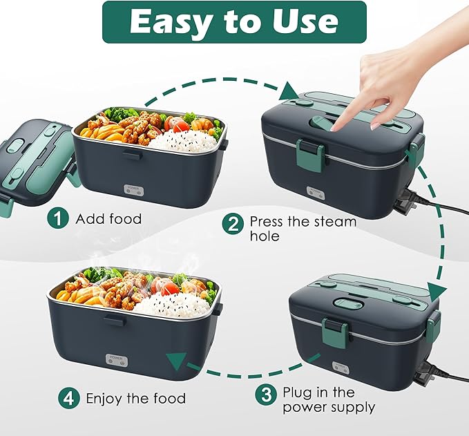 Electric-Lunch-Box-Heated-Food-Warmer 100W Heating Lunchbox for Adults 1.8L Portable Food Heater for Work/Car, 12V/24V/110-230V Lonchera Eléctrica Portátil with Fork Spoon (Gray+Green)
